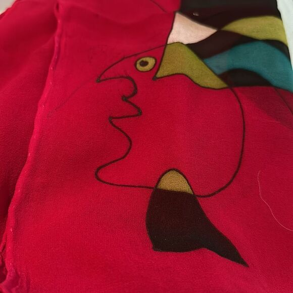 Hand painted red silk chiffon abstract modernist scarf 12” x 68” - Picture 7 of 7